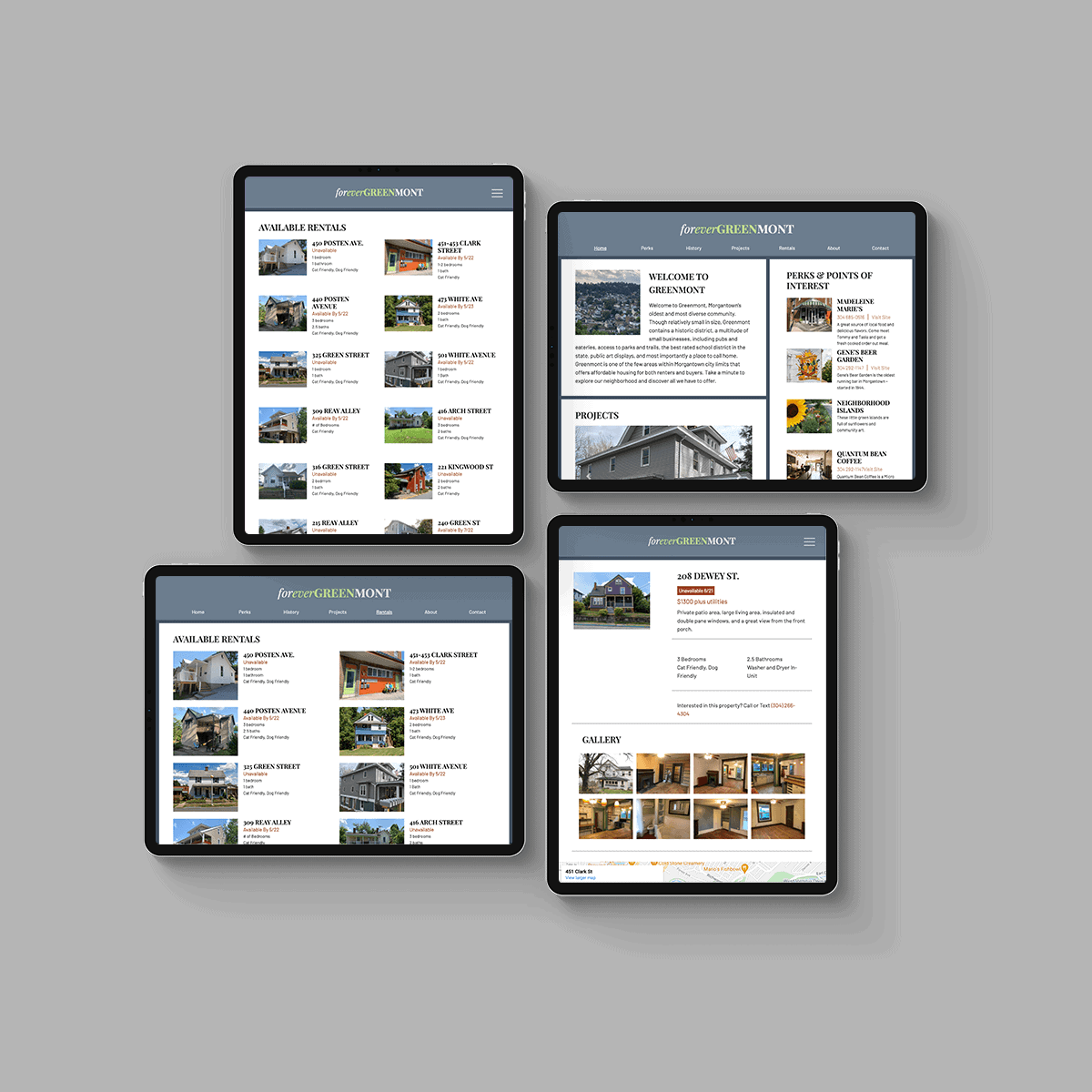Forever Greenmont website on four different iPad screens