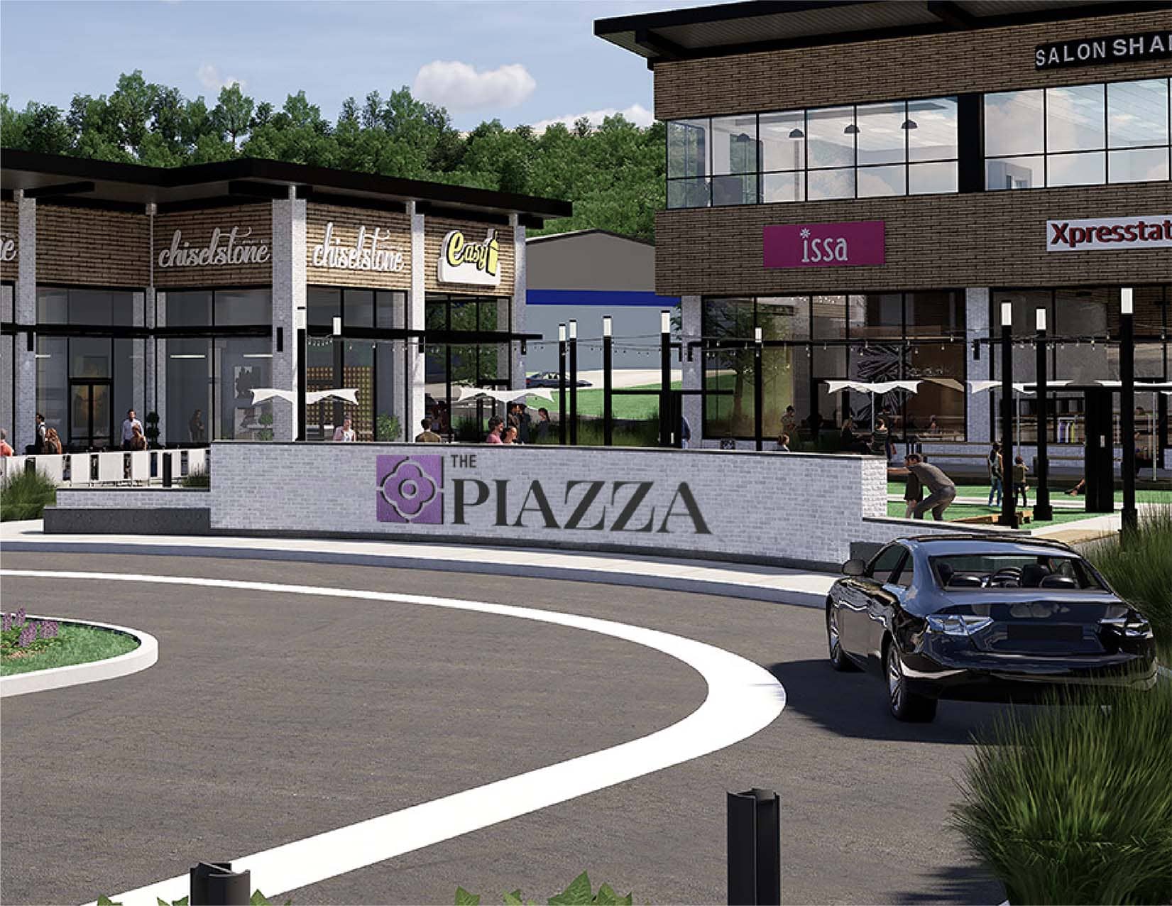 digital render of a short wall with the piazza logo in large print in front of buildings