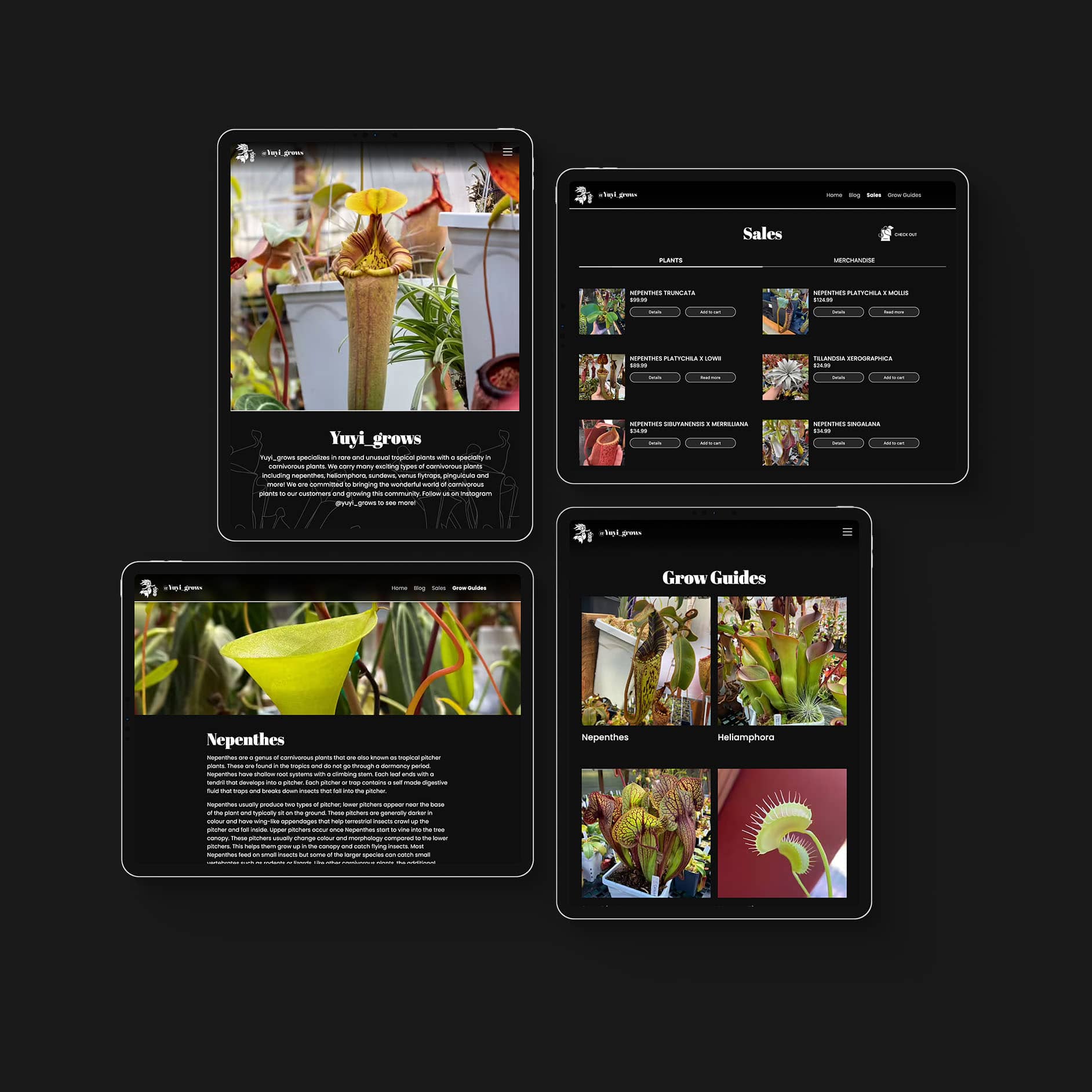 Four Examples of Yuyi Grows Website on IPad Screens