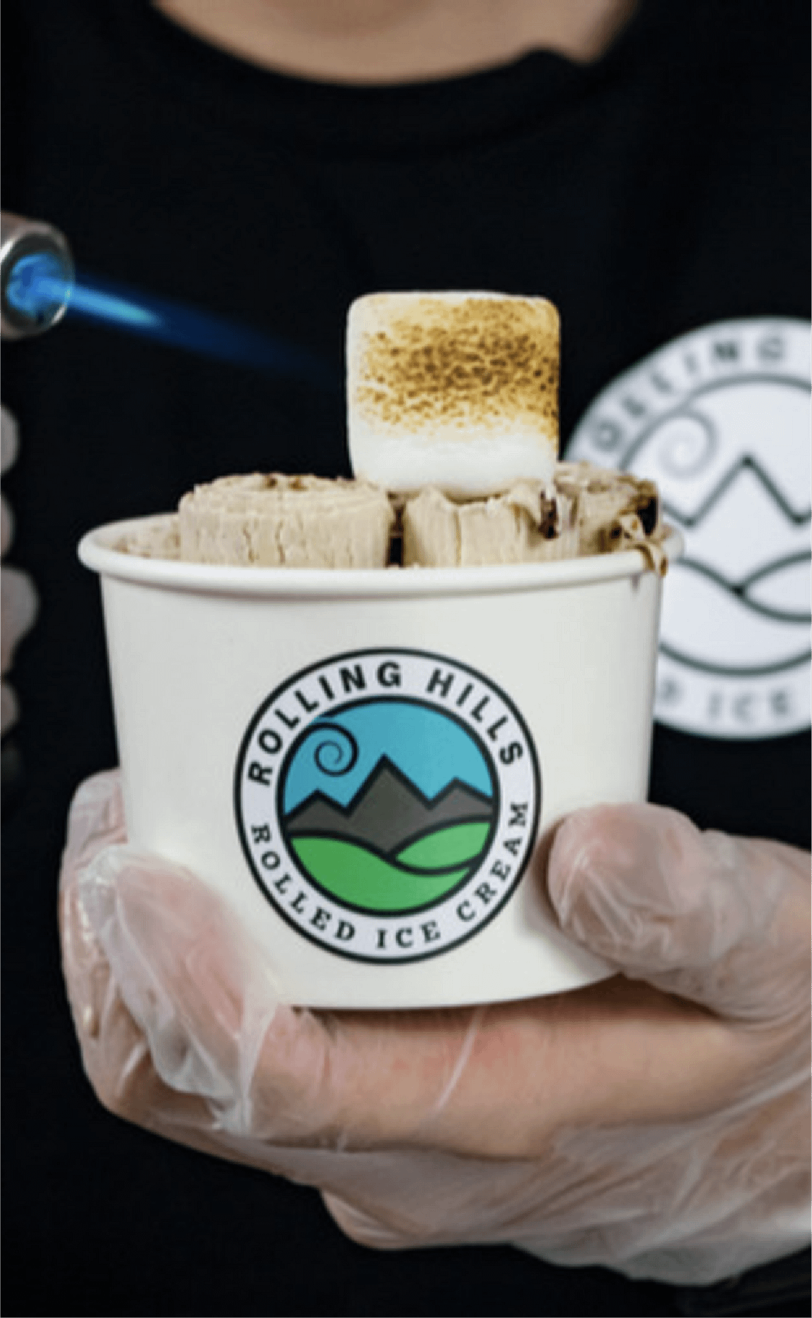 rolled ice cream in cup featuring rolling hills logo
