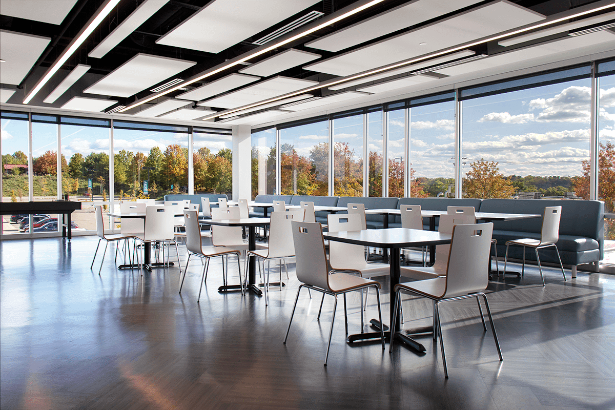Business cafe with fall scenery outside of the windows