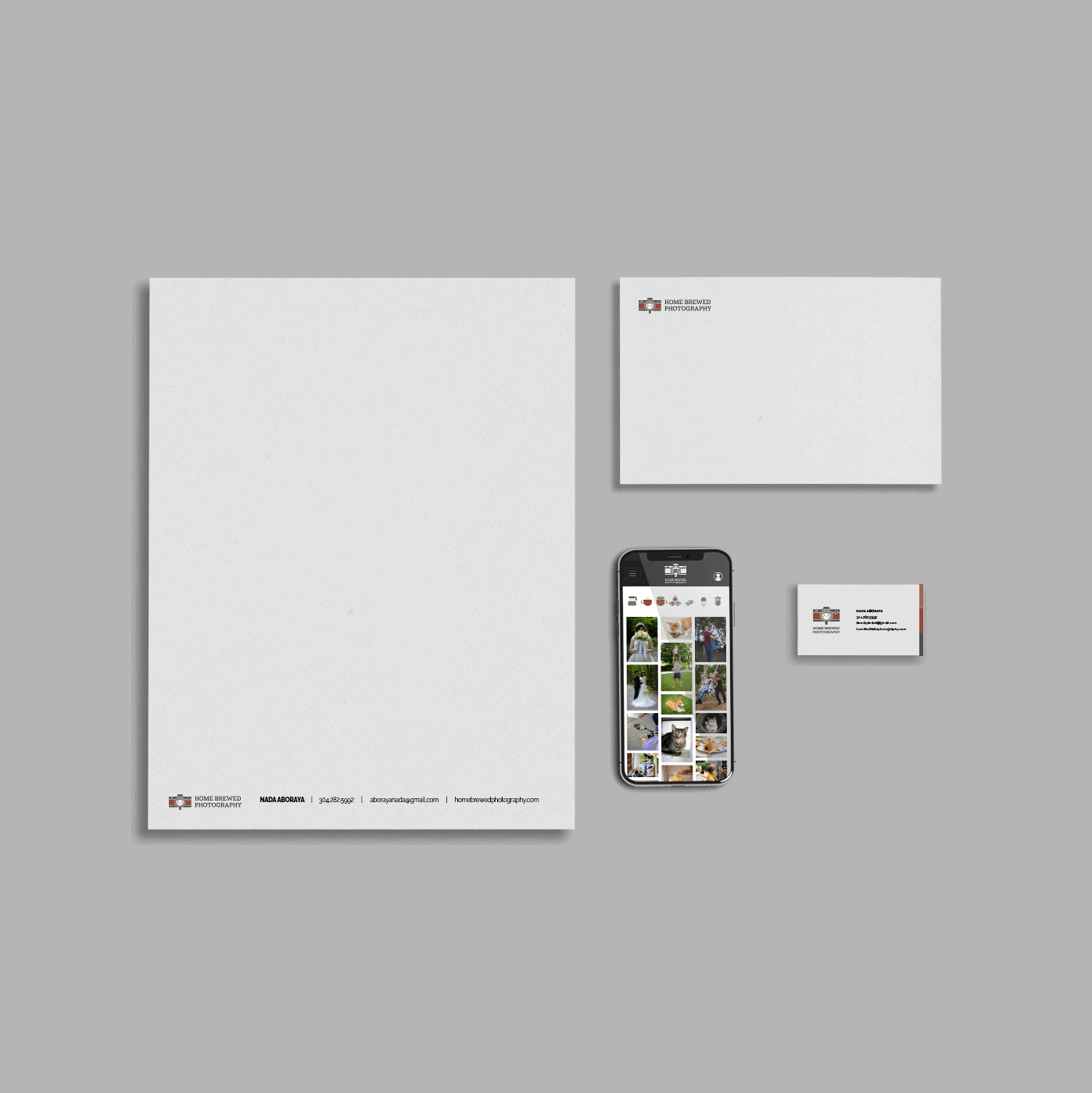 Home Brewed Photography stationary consisting of a letterhead, envelope, mobile website, and business card