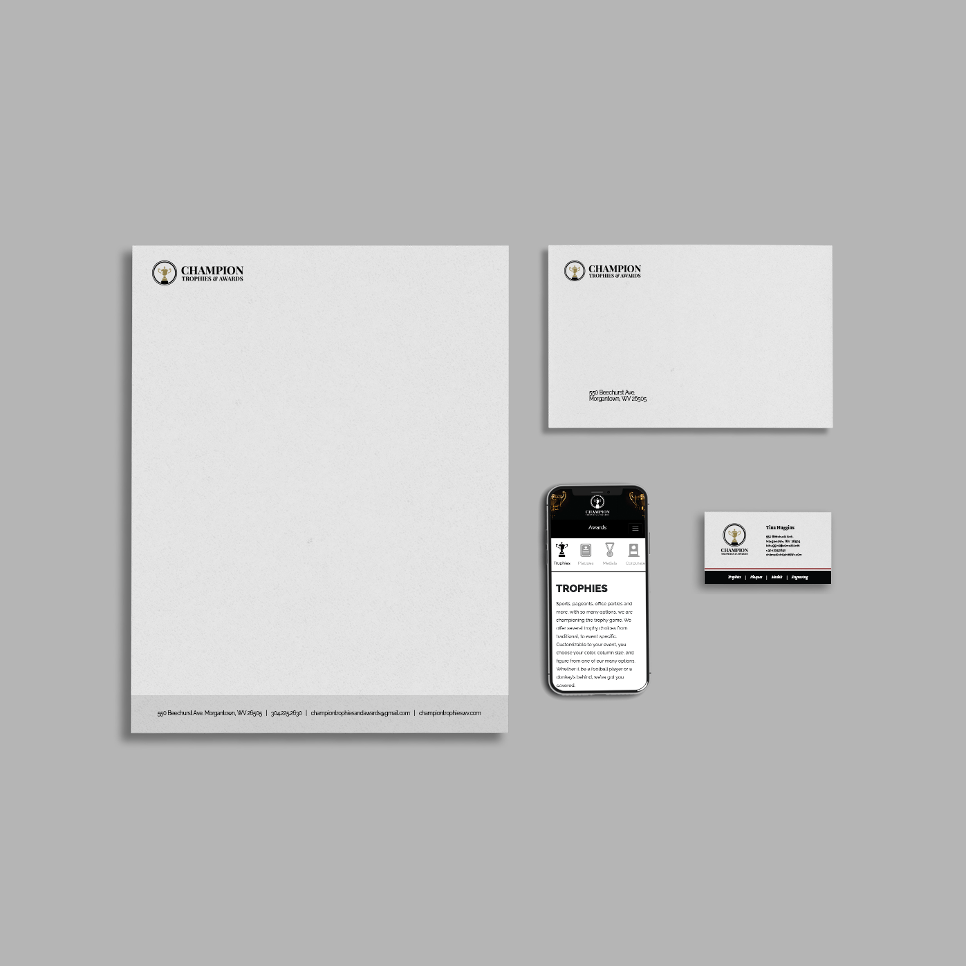 Stationary set consisting of a letterhead, envelope, mobile website, and business card