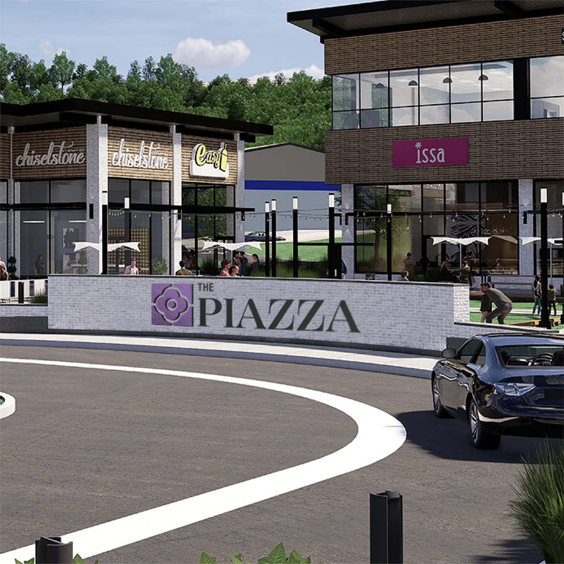 digital render of a short wall with the piazza logo in large print in front of buildings